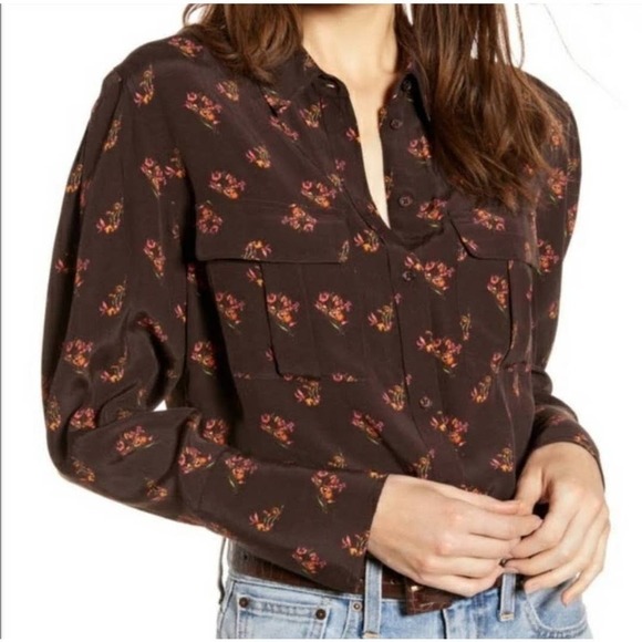 Something Navy Brown Floral Button Down Top Extra Small - Picture 4 of 7